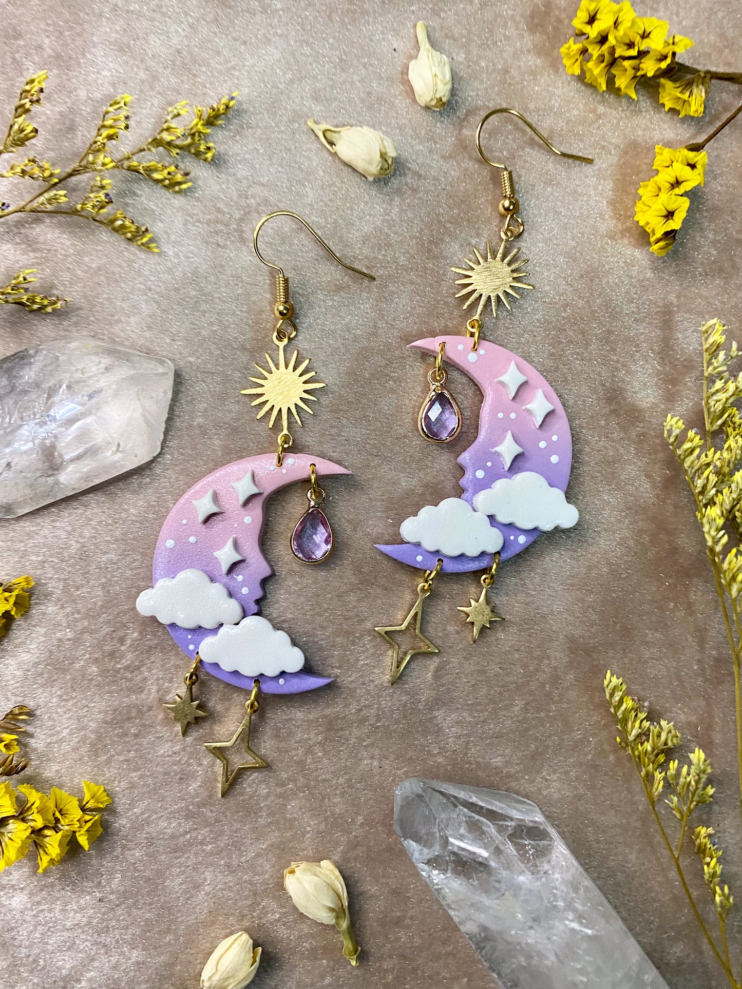 polymer clay pink and purple starry moon dangle earrings