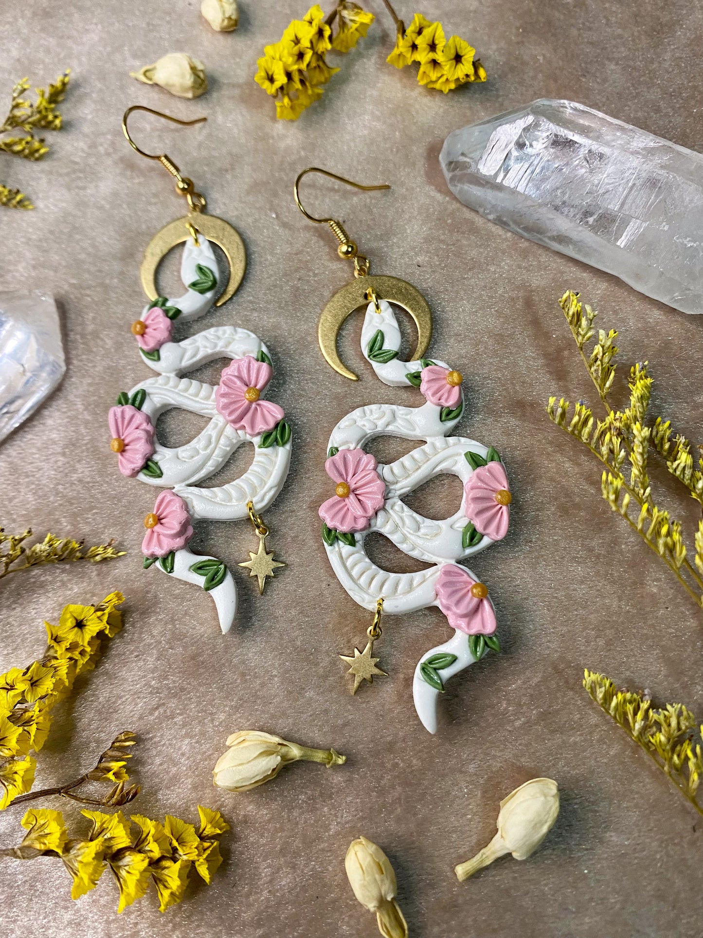 White and Pink Floral Snake Earrings