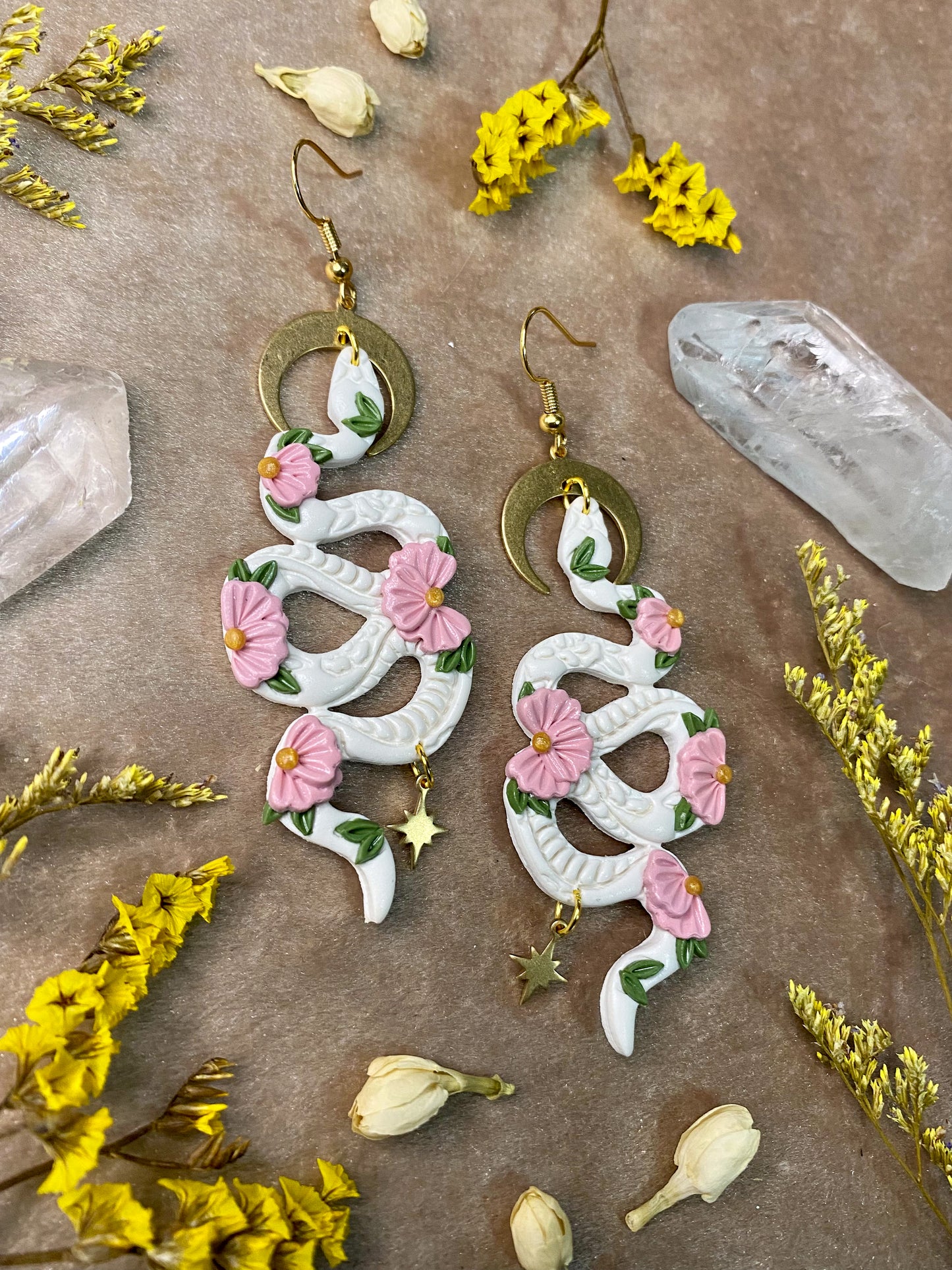 White and Pink Floral Snake Earrings