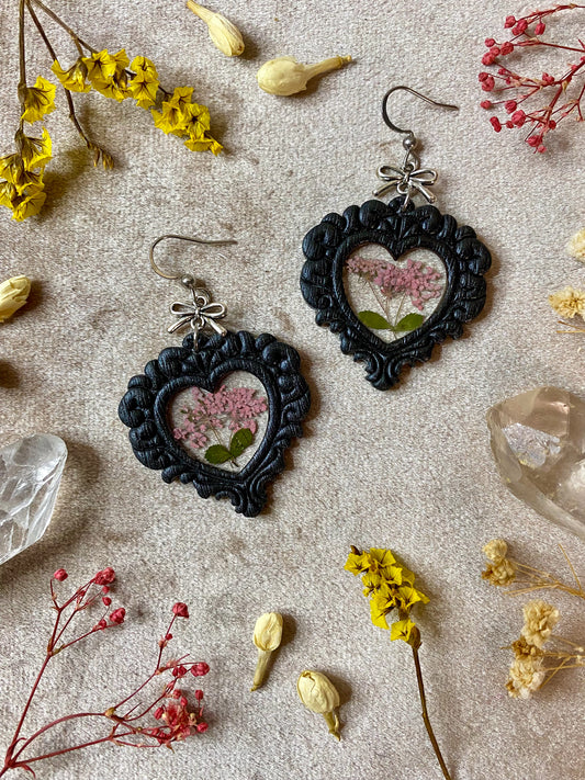 Black Heart Floral Frame Earrings