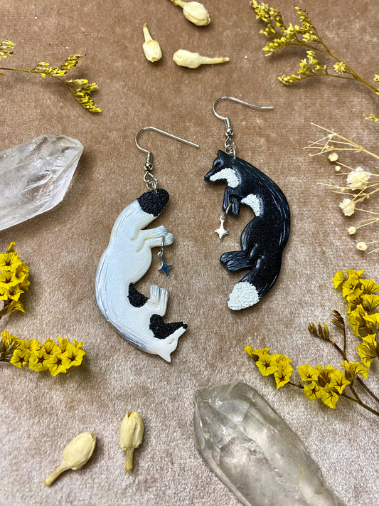 polymer clay yin yang black and white fox dangle earrings