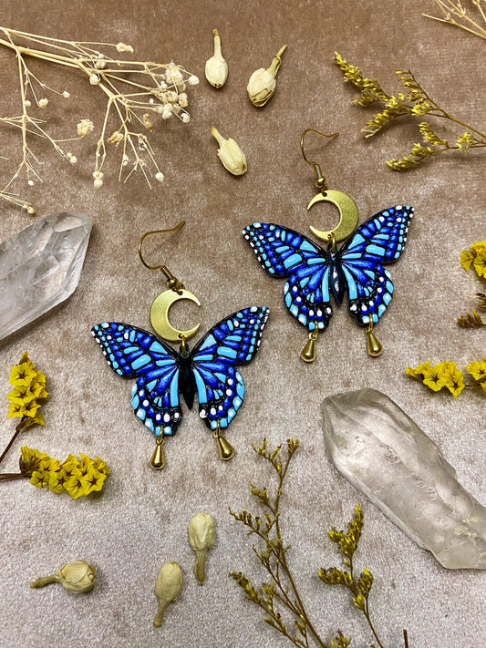polymer clay and resin blue butterfly dangle earrings