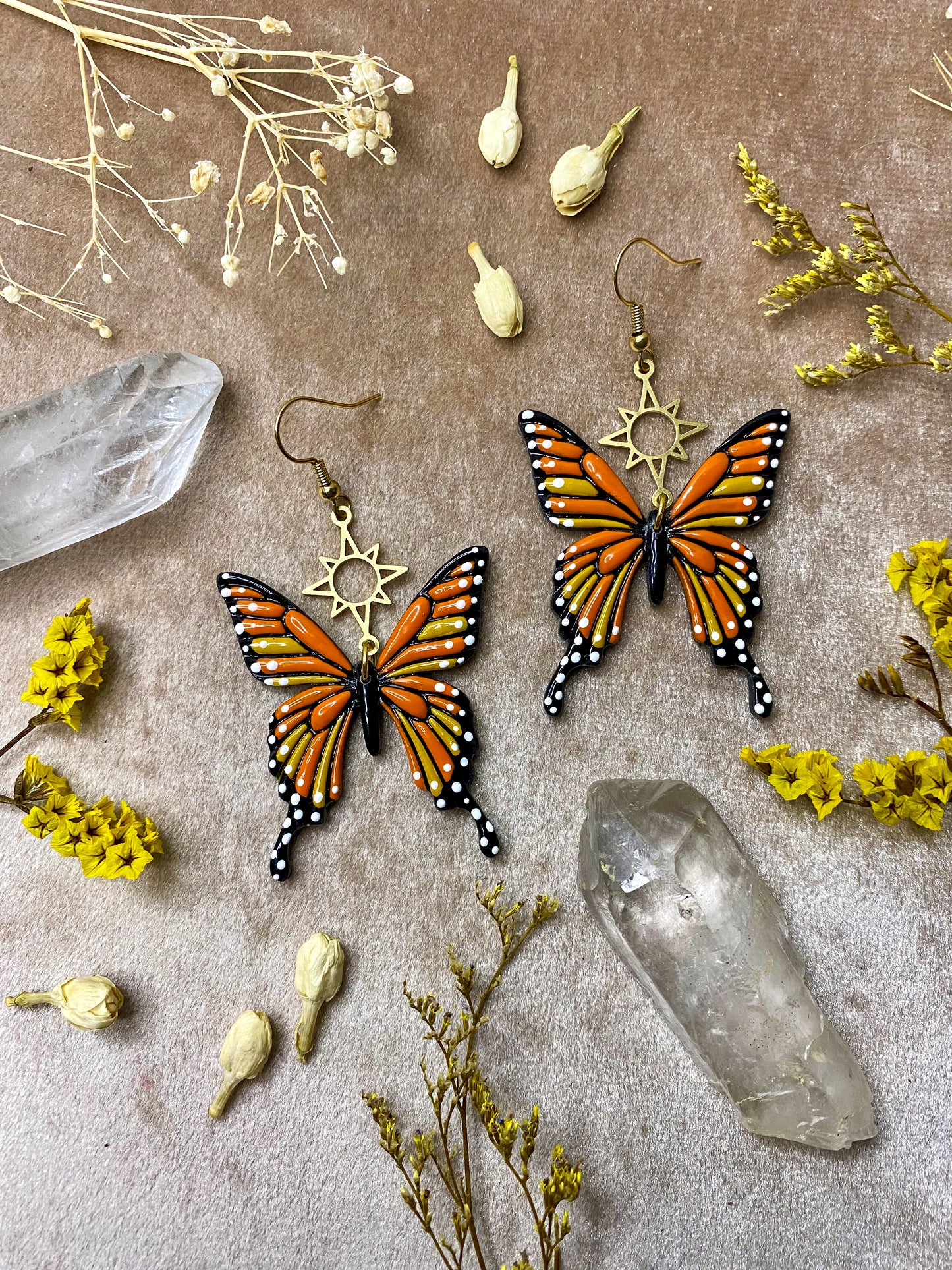 polymer clay and resin orange butterfly dangle earrings