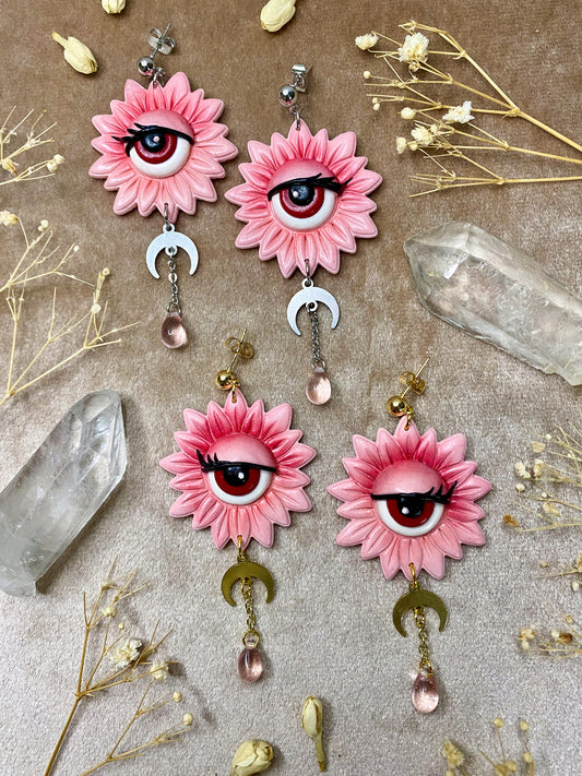 polymer clay eyeball flower pink dangle earrings