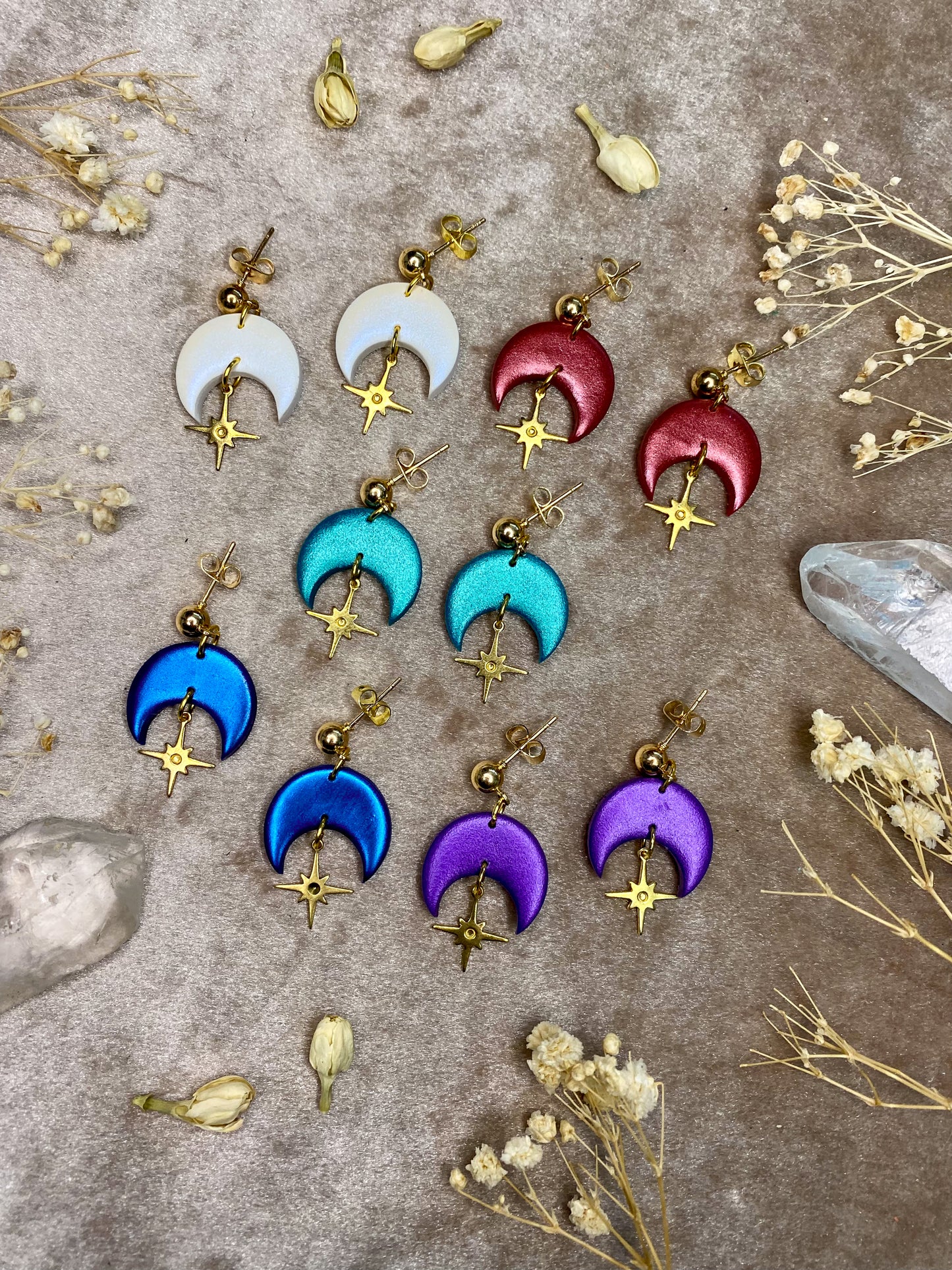 polymer clay jewel tone crescent moon and star dangle earrings