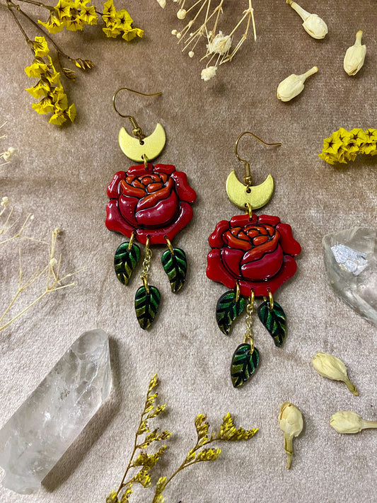 polymer clay and resin red rose dangle earrings