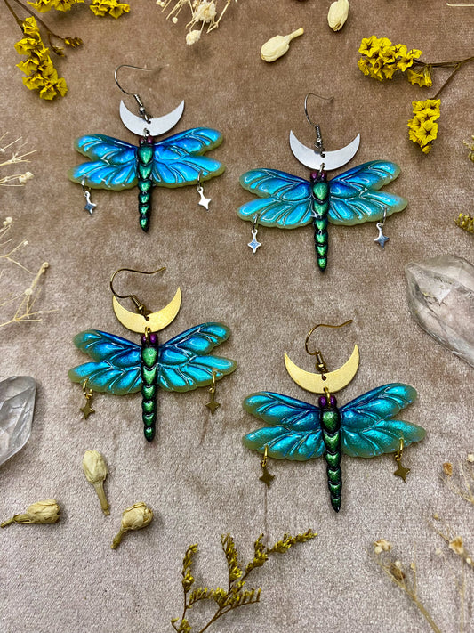 polymer clay and resin translucent and iridescent dragonfly dangle earrings