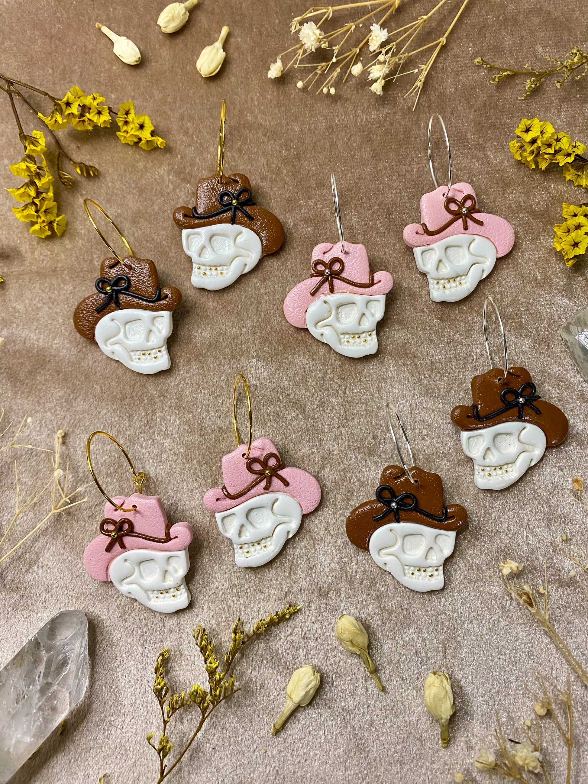 polymer clay cowboy skull hoop earrings