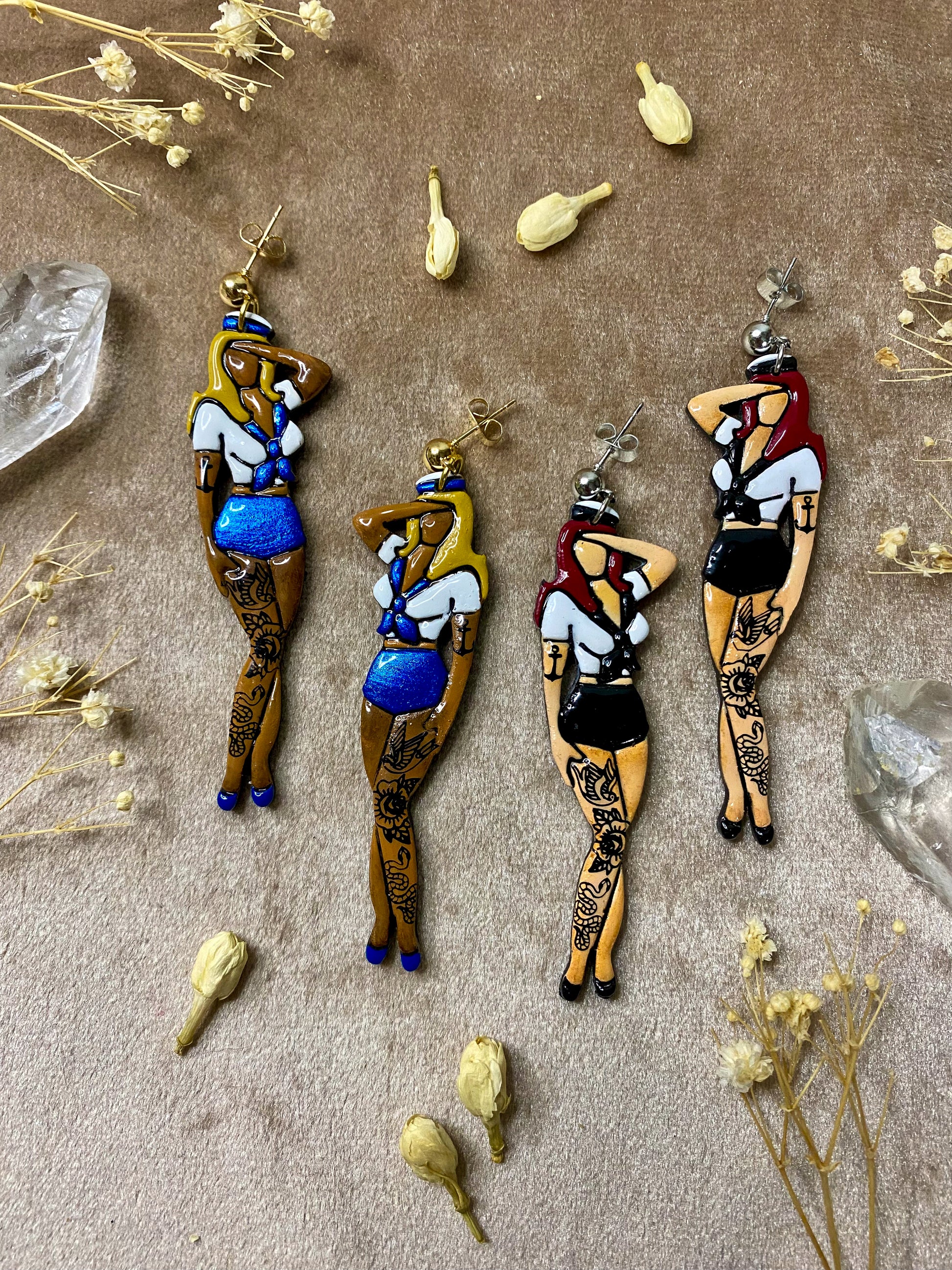 polymer clay and resin sailor tattoo lady dangle earrings