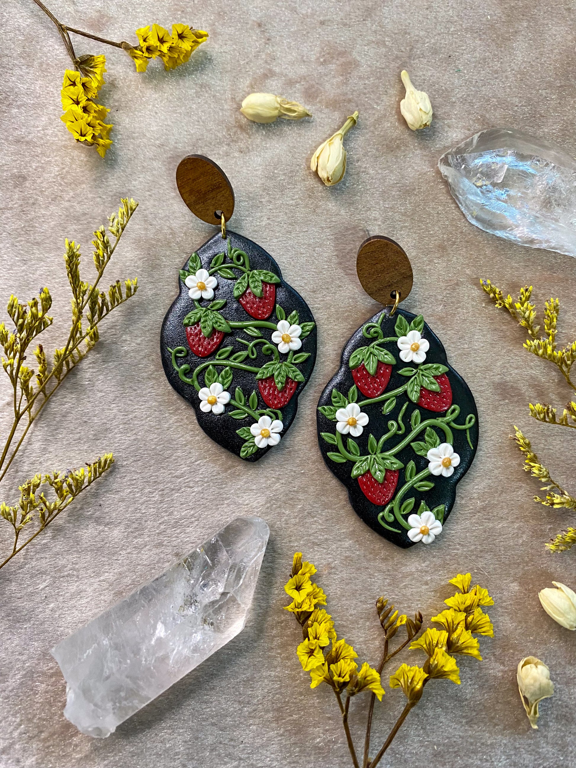 polymer clay strawberry and wild flowers dangle earrings