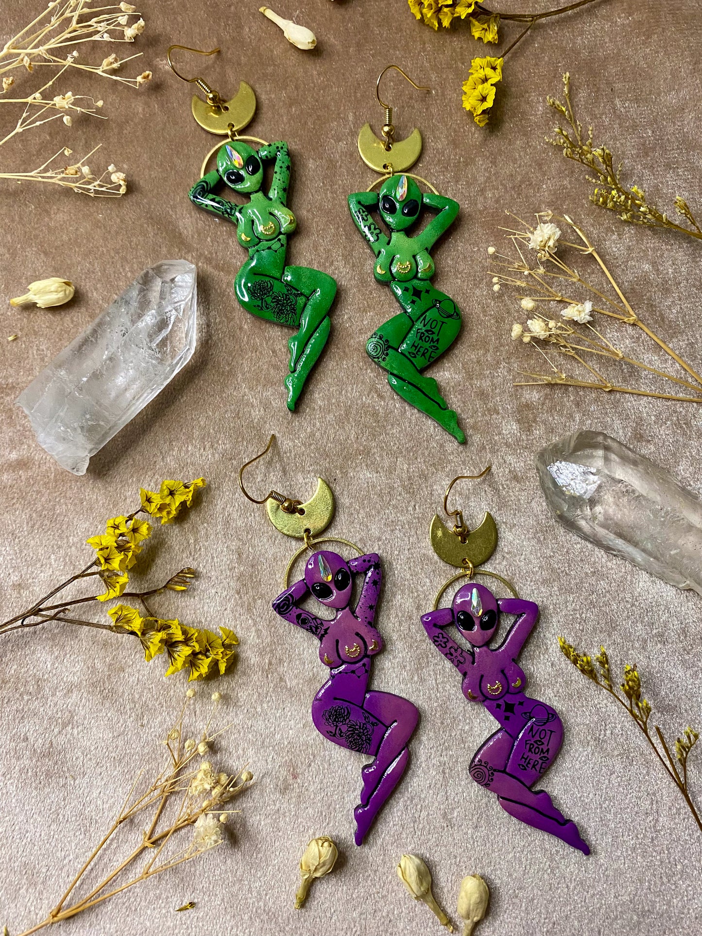 polymer clay and resin alien tattoo pinup girl dangle earrings