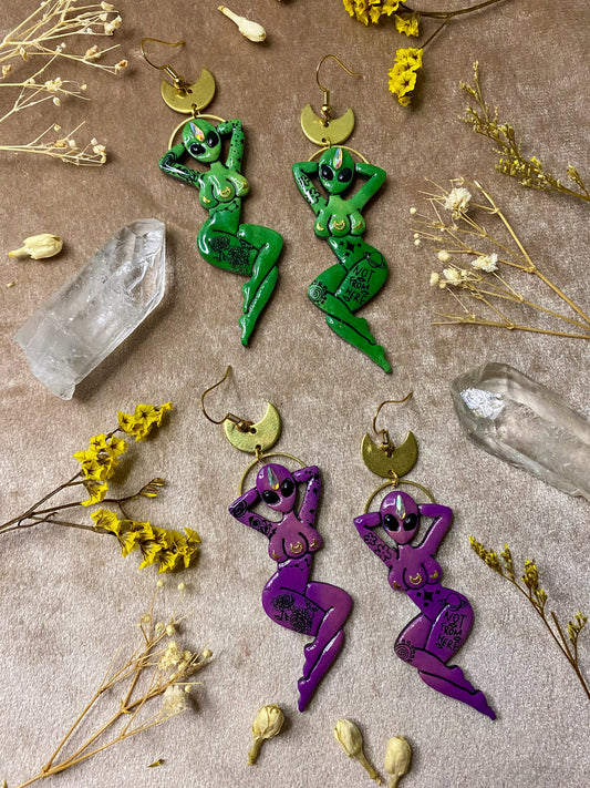 polymer clay and resin alien tattoo pinup girl dangle earrings