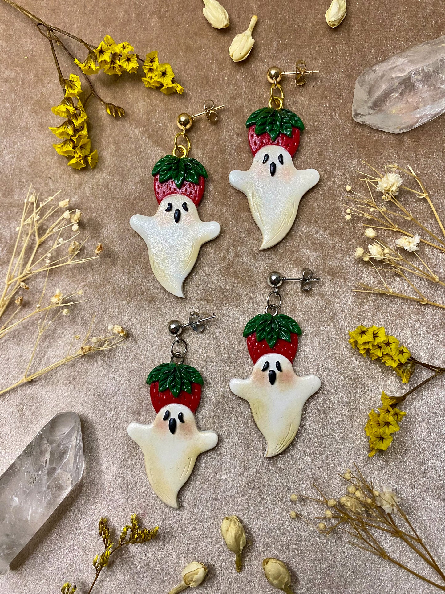 polymer clay strawberry ghost halloween dangle earrings