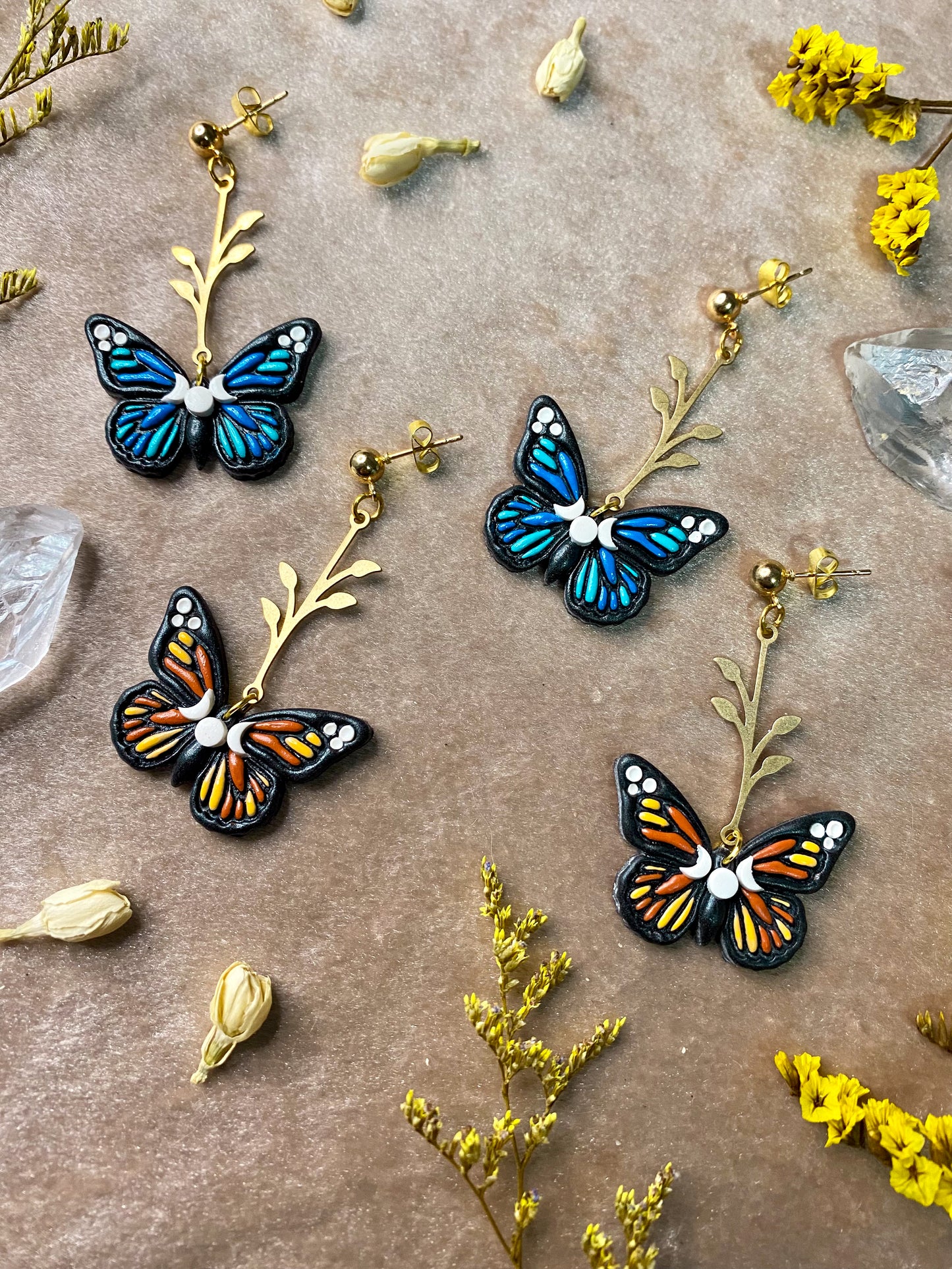 polymer clay butterfly moon earrings