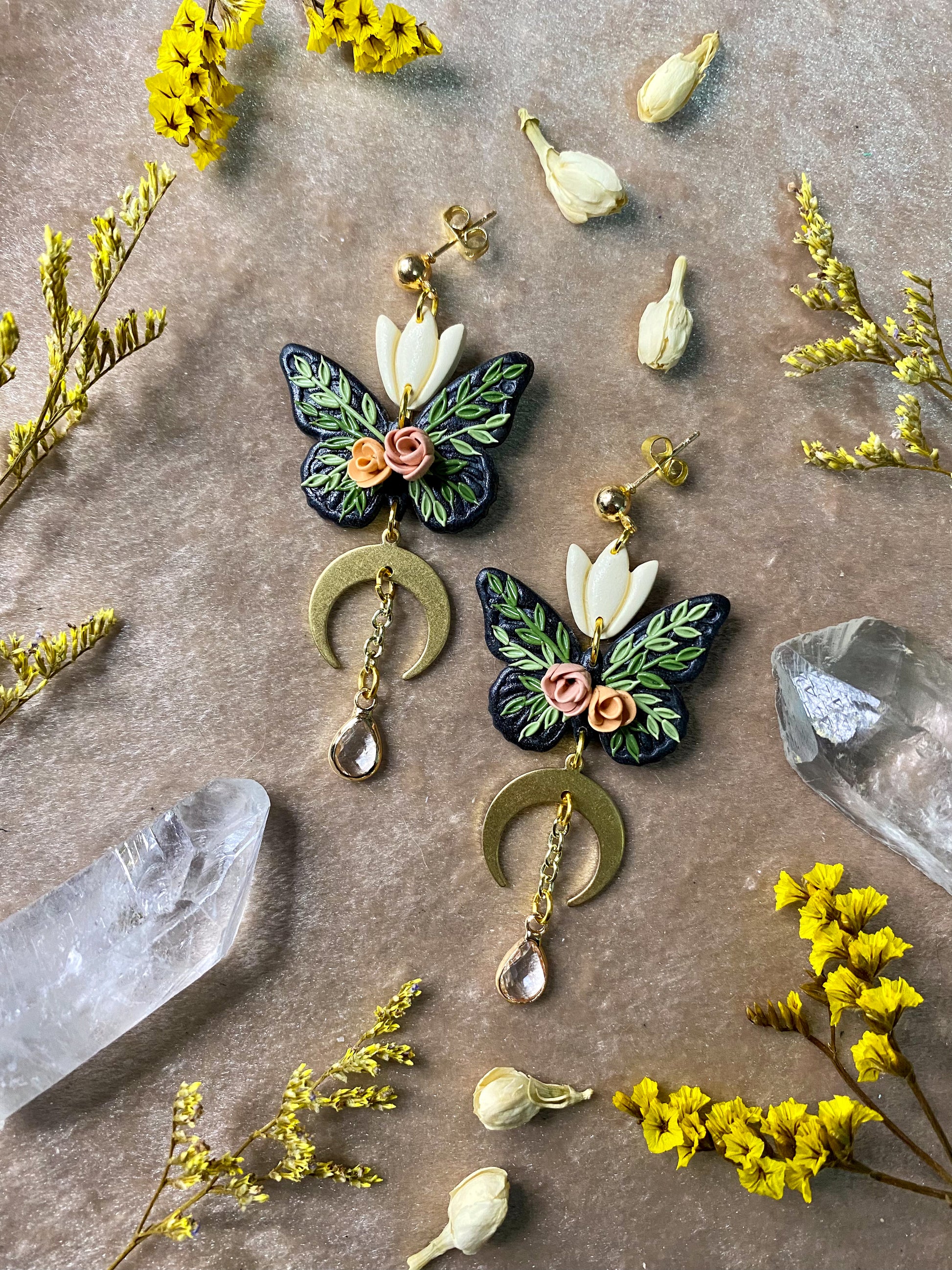 polymer clay floral butterfly dangle earrings