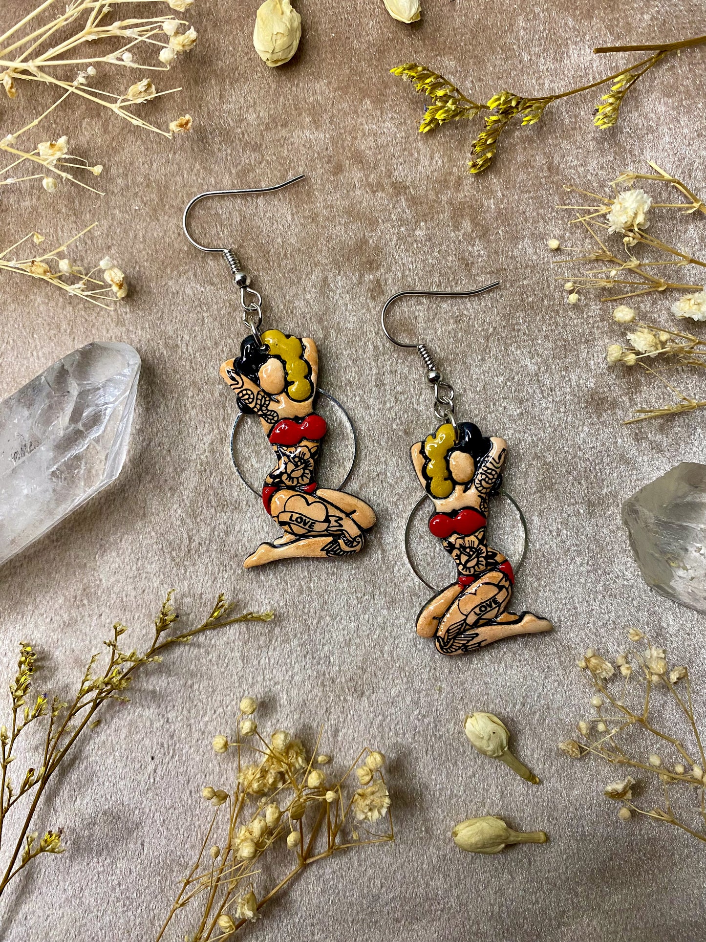 polymer clay and resin tattoo pin up in bikini dangle earrings