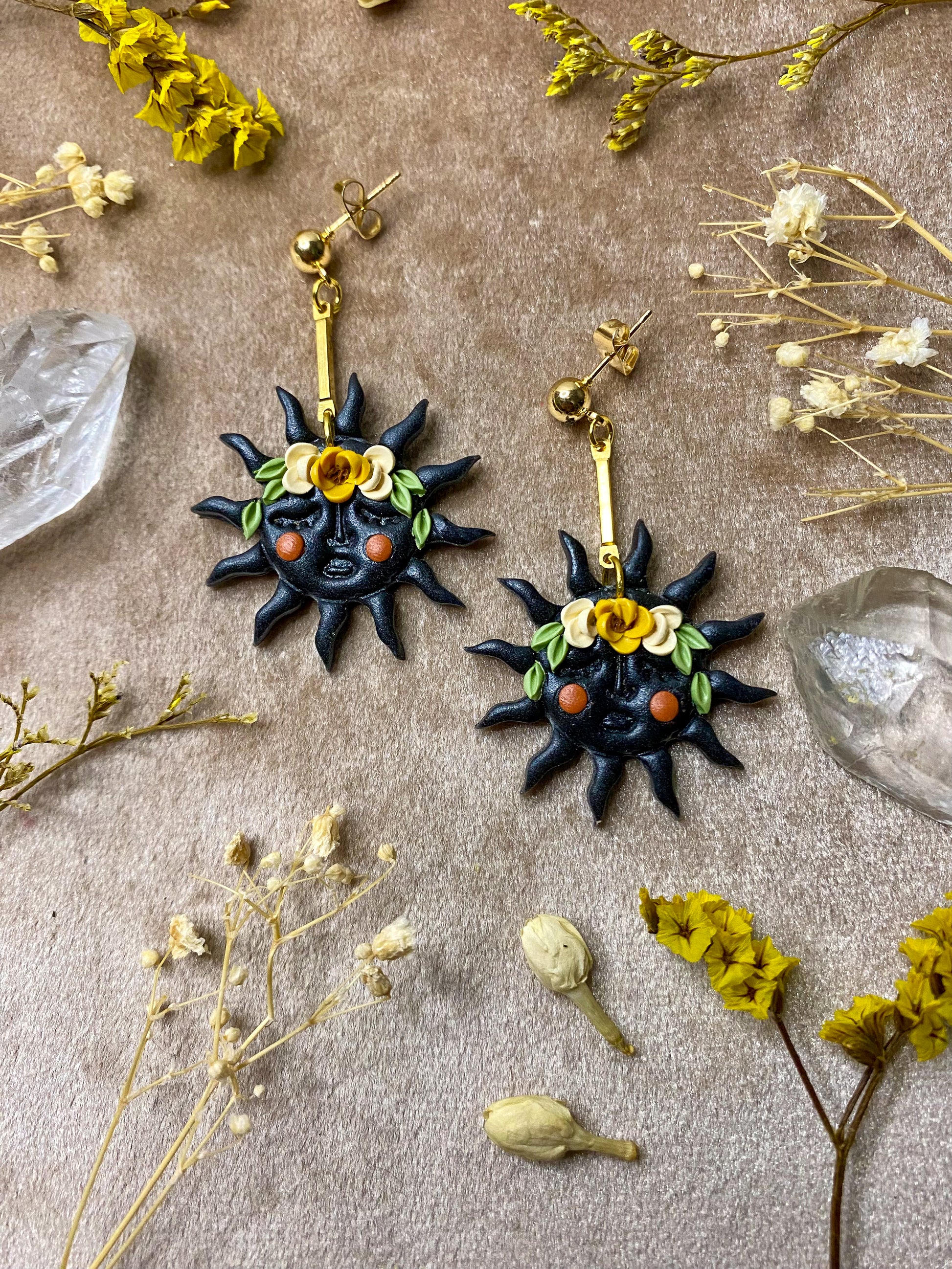 polymer clay black floral sun dangle earrings