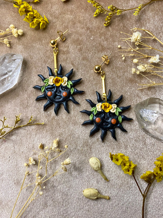 polymer clay black floral sun dangle earrings