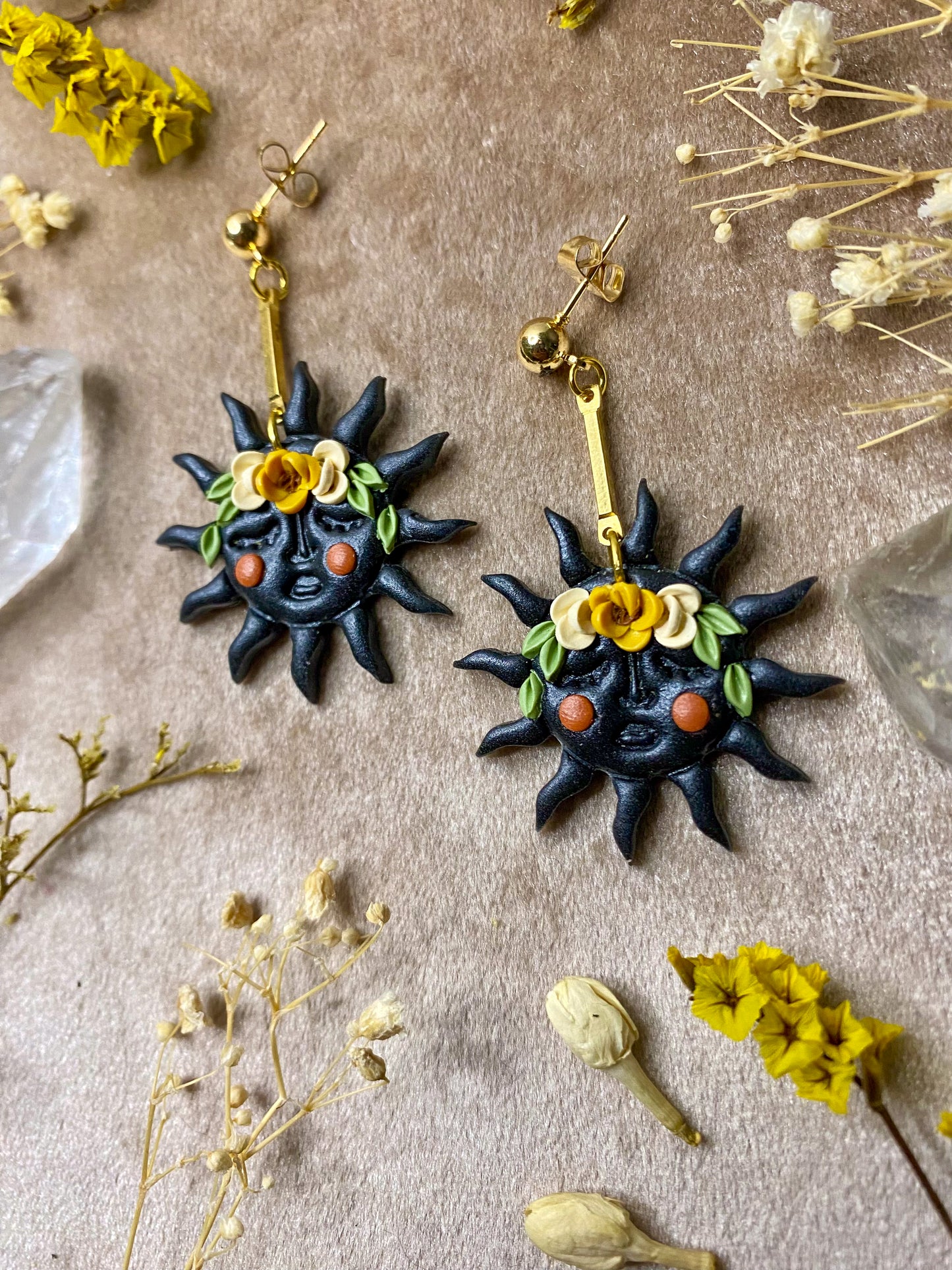 Black Floral Sun Earrings