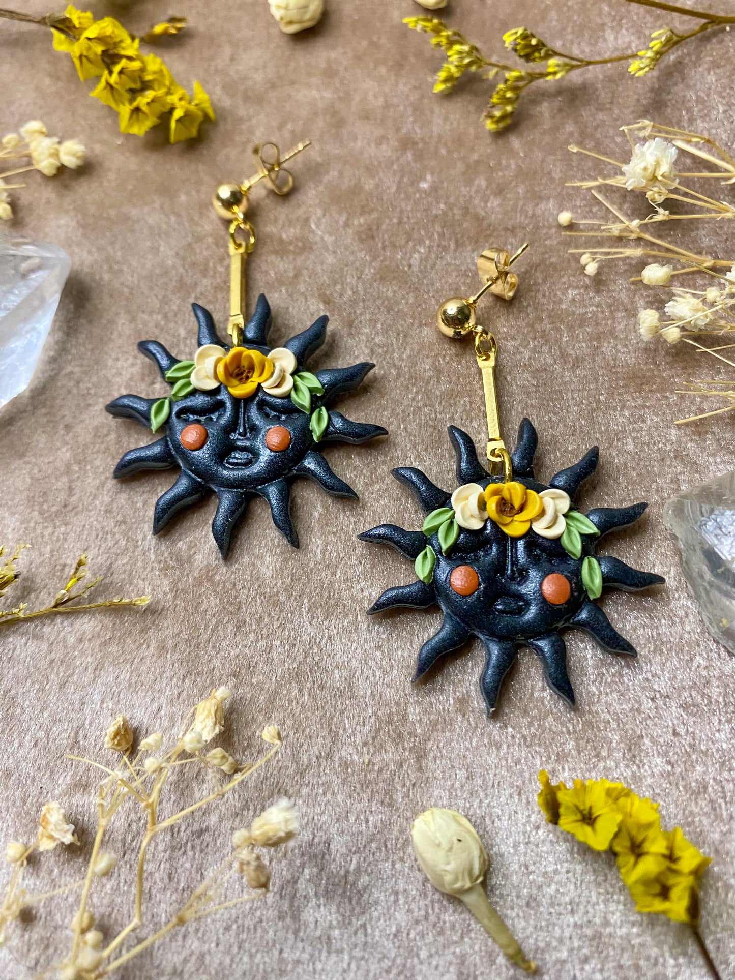 Black Floral Sun Earrings