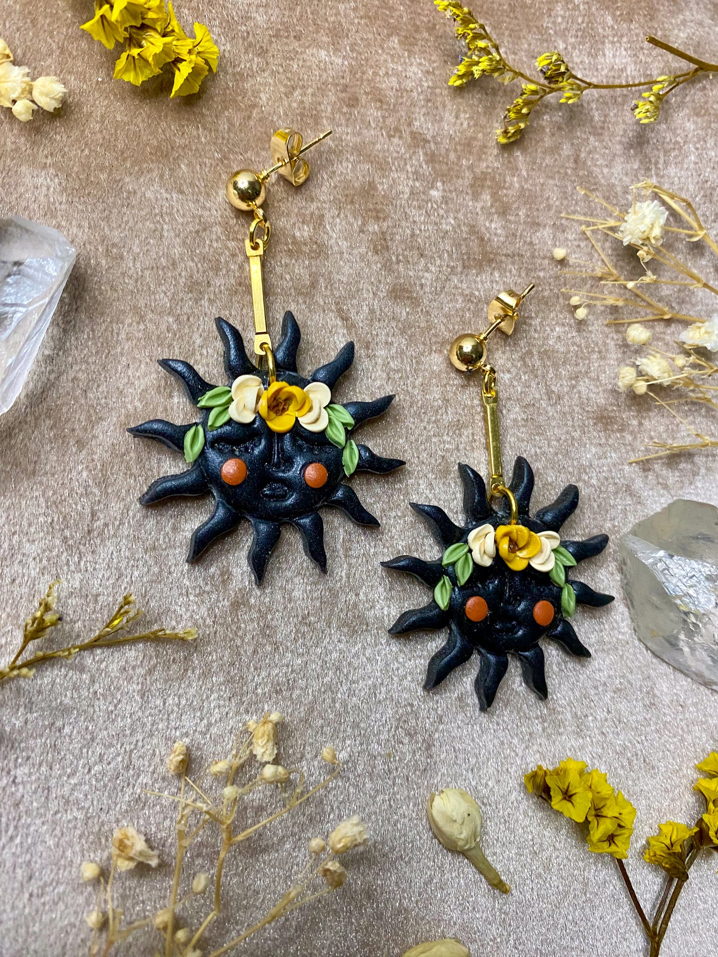 Black Floral Sun Earrings