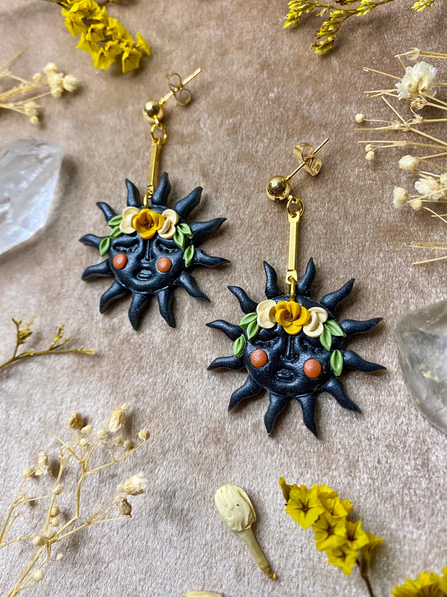 Black Floral Sun Earrings