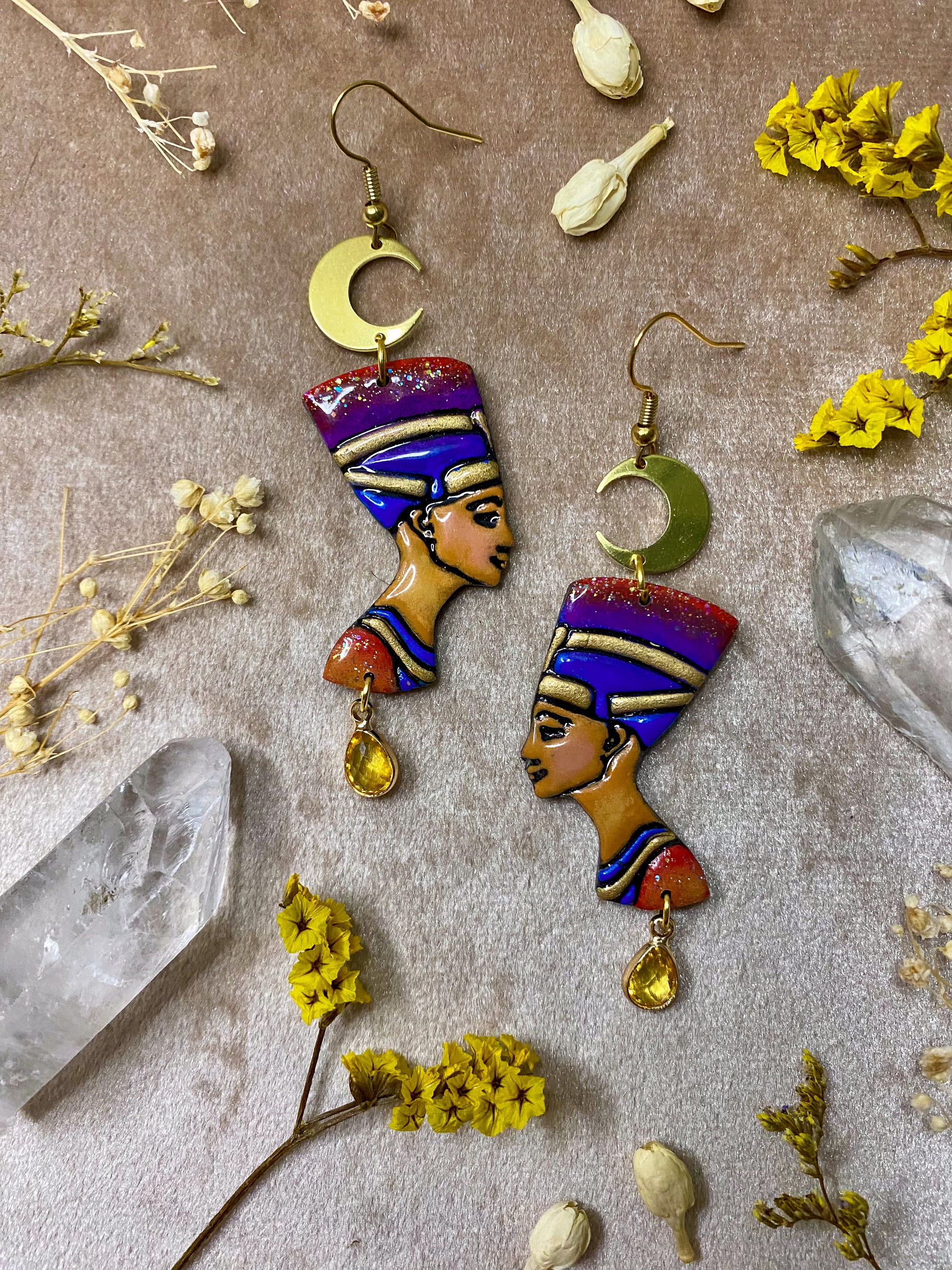 polymer clay and resin nefertiti queen of egypt dangle earrings