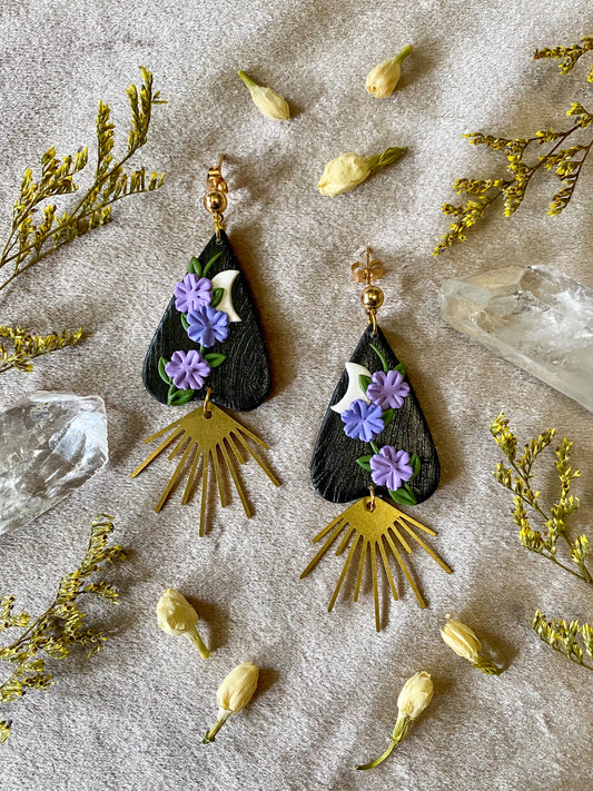 black and lilac floral planchette earrings