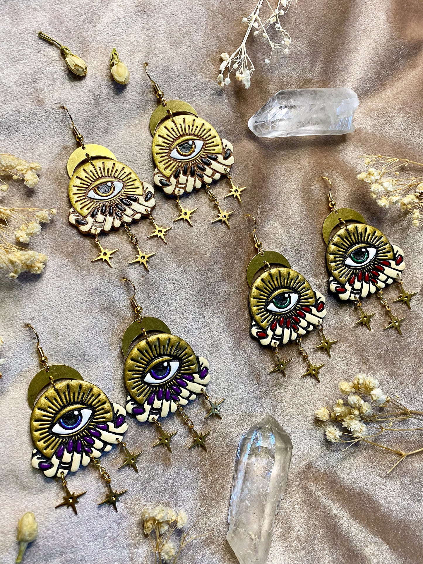 crystal ball and evil eye clay earrings