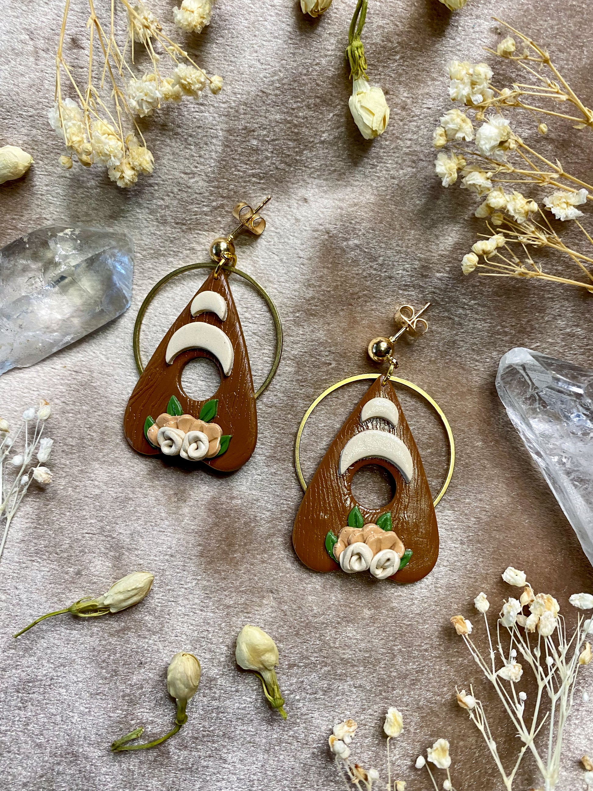retro wood floral planchette earrings