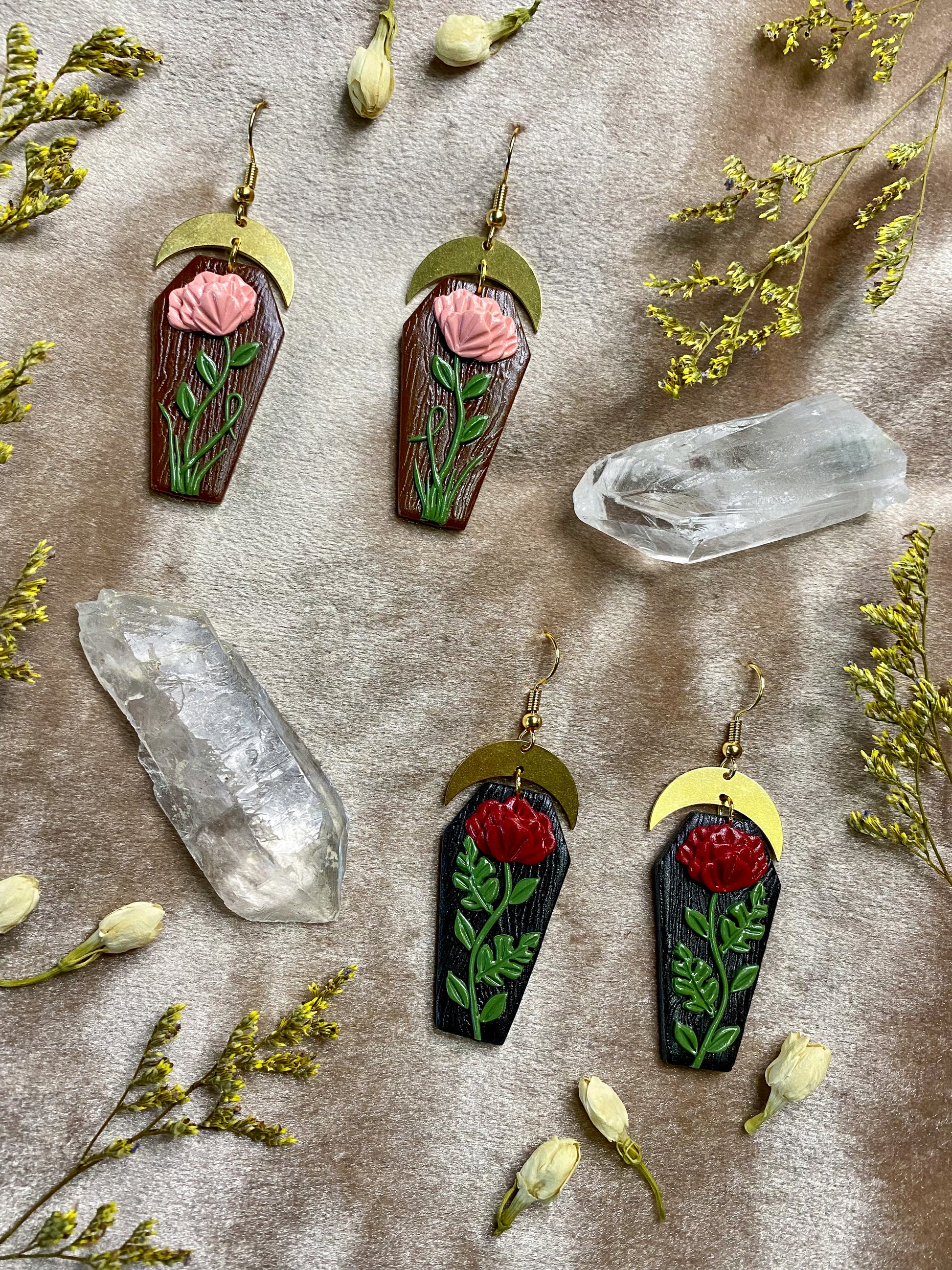 coffin and rose clay earrings