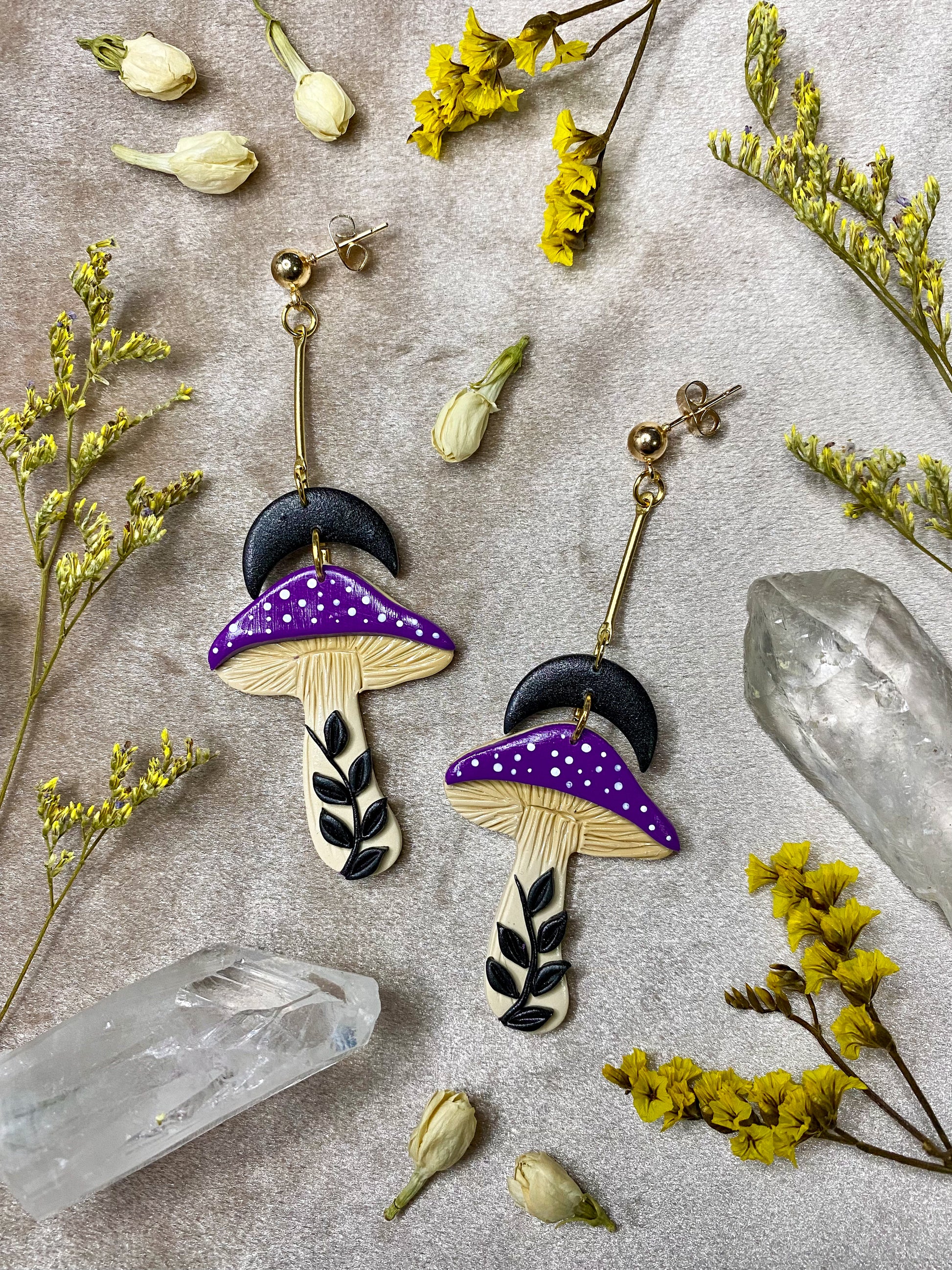 purple cap clay mushroom earrings