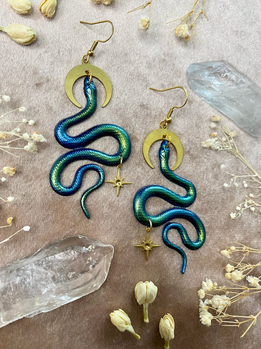 blue and green snake earrings