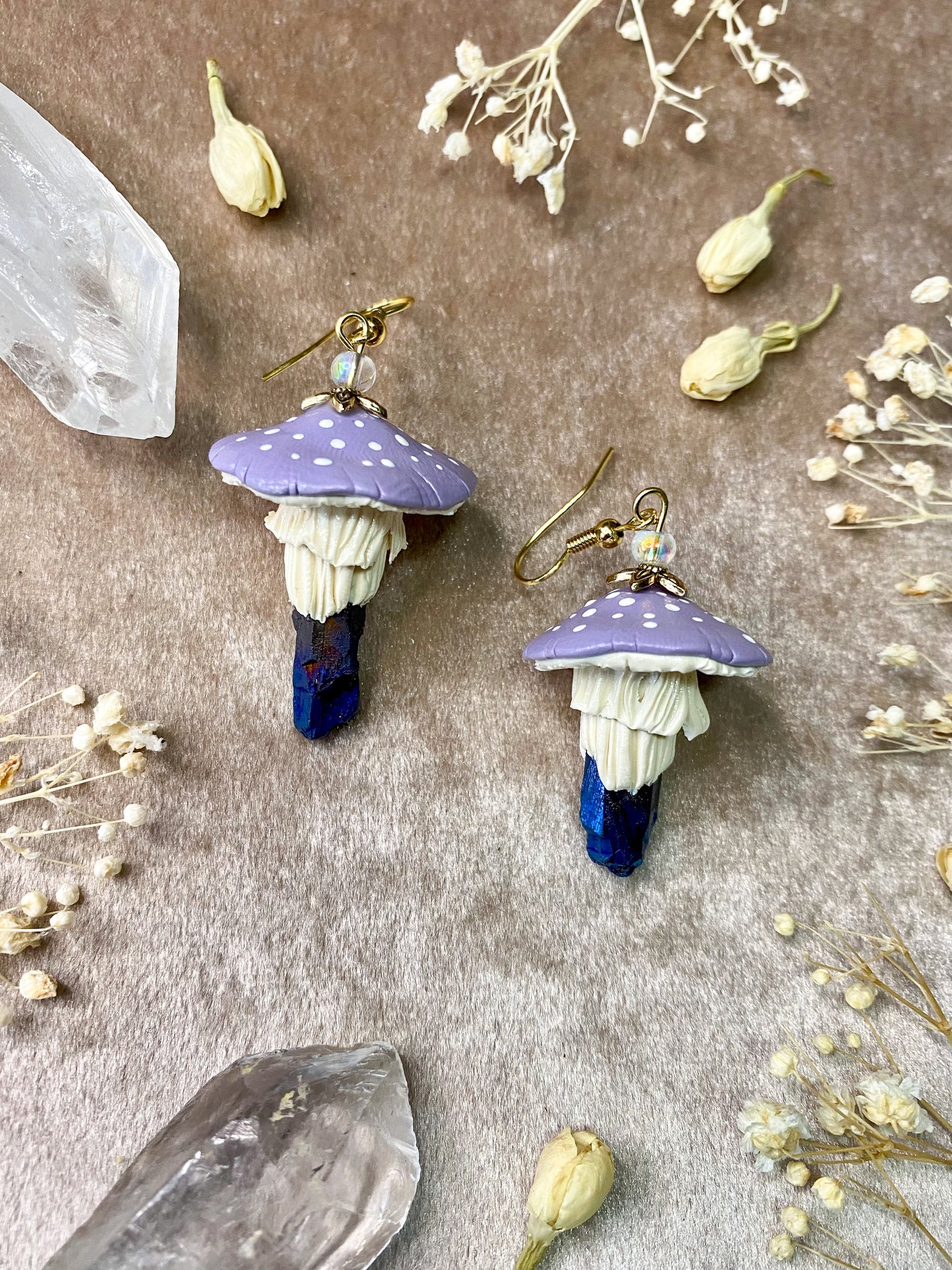 Lilac Cap and Rainbow Quartz Crystal Stem Mushroom Earrings