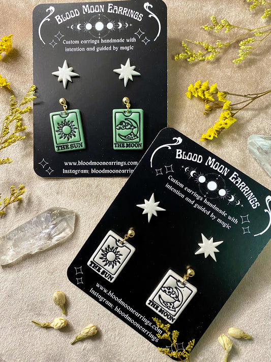 sun and moon tarot card dangle earrings and star earrings stud