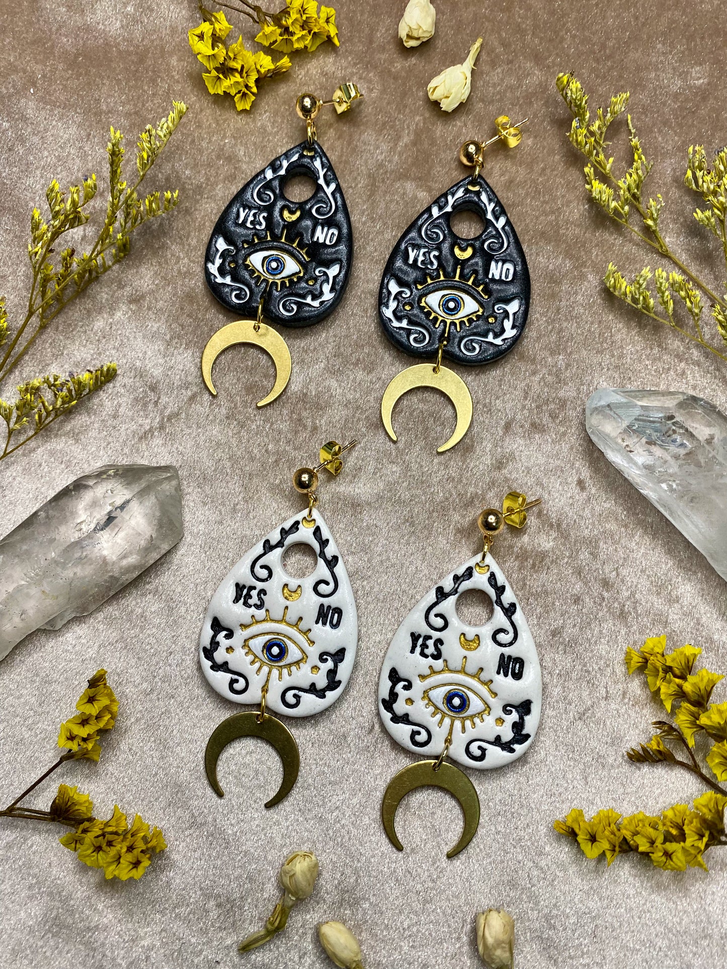 black and white evil eye planchette polymer clay earrings