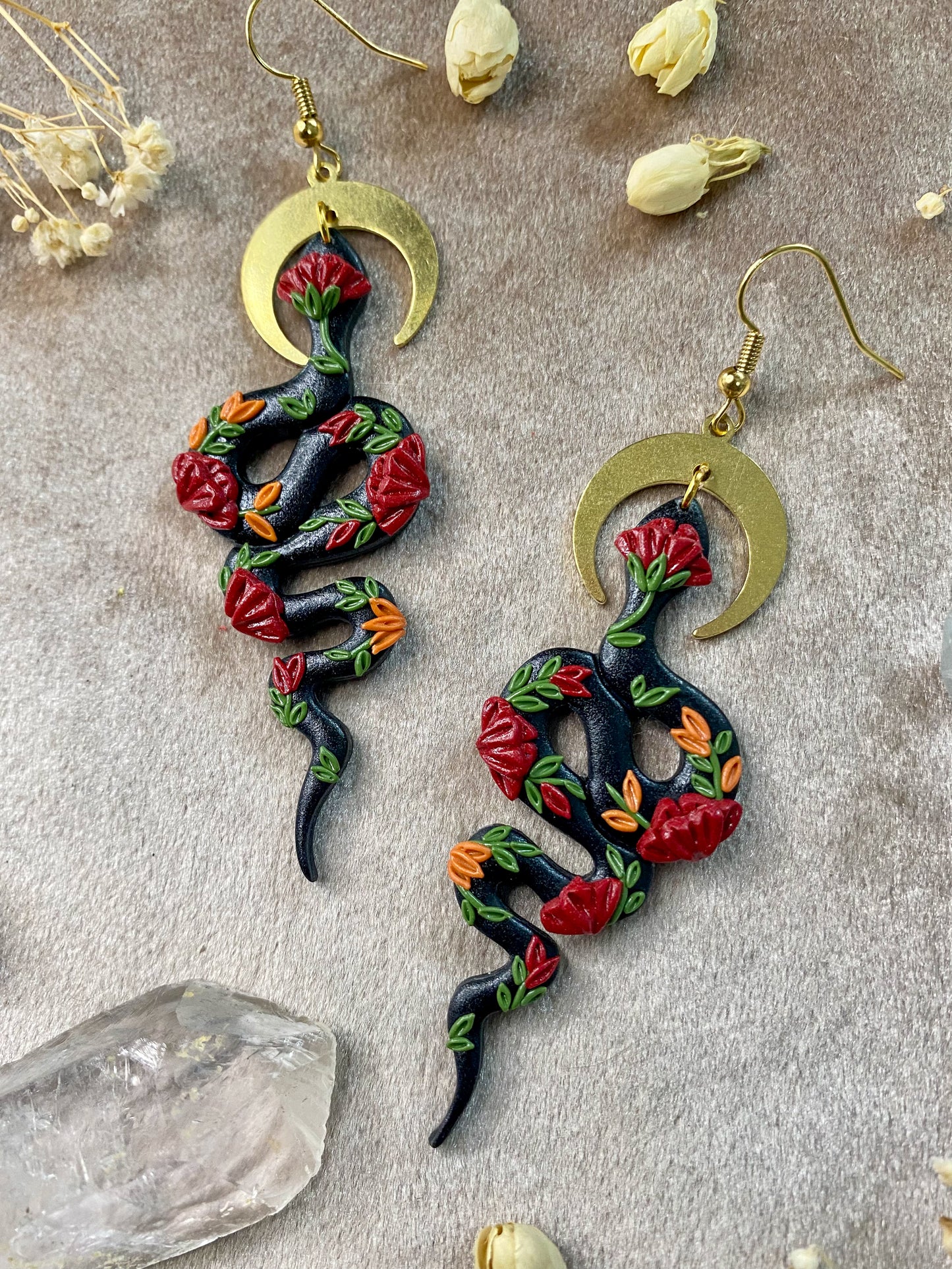Red and Orange Floral Snake Earrings
