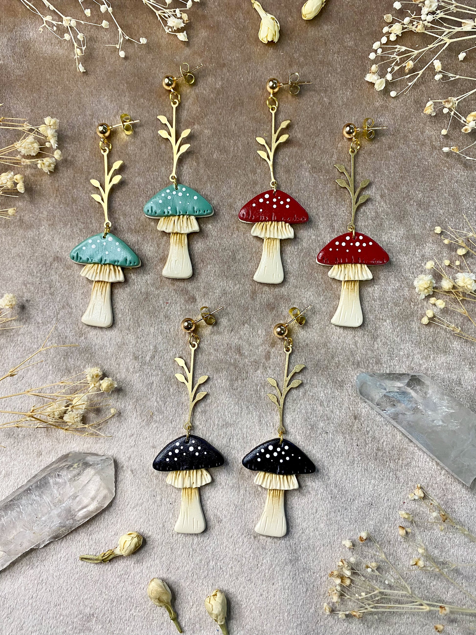 polymer clay mushroom earrings red, black and green