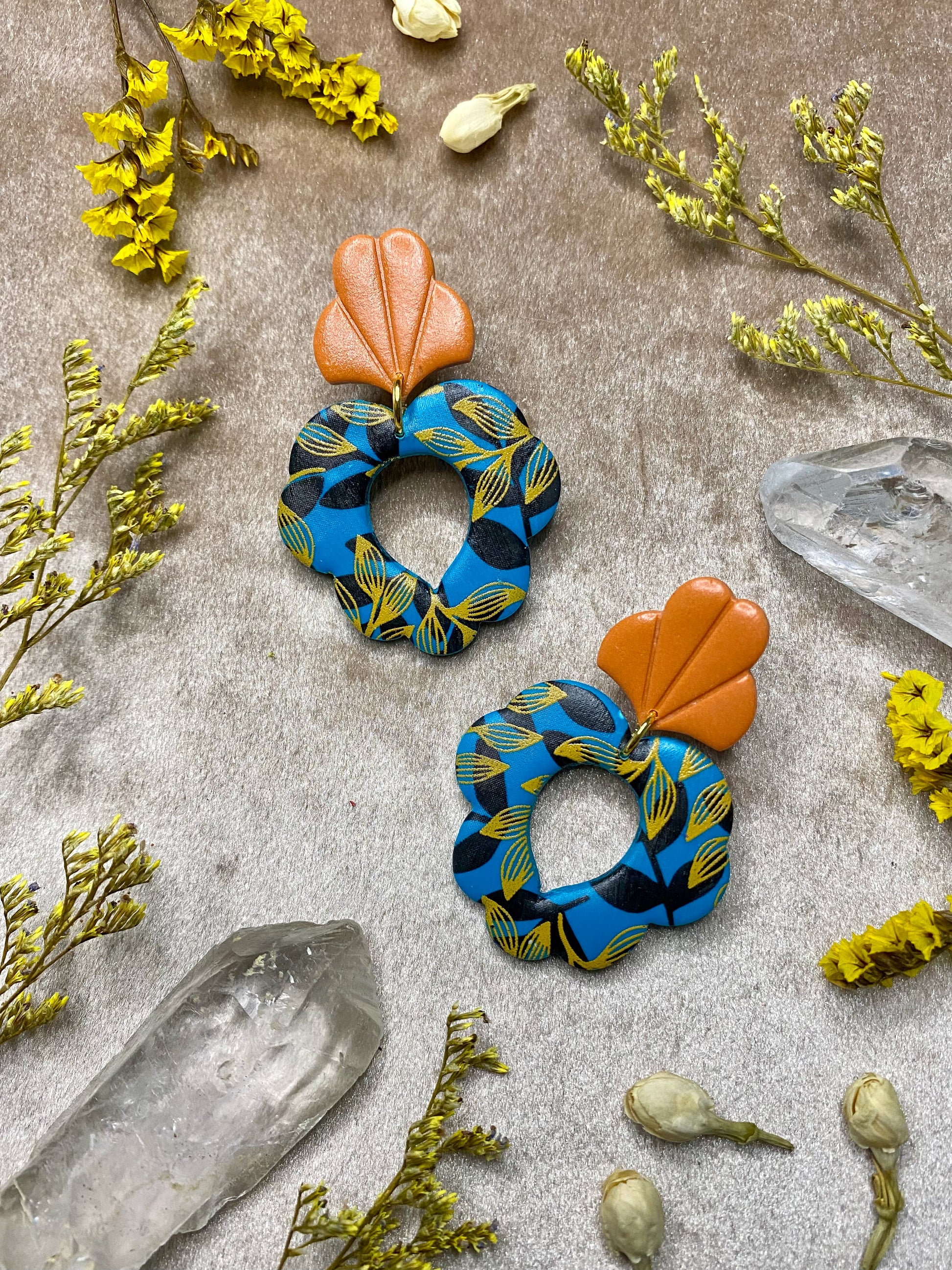 blue and orange boho statement polymer clay earrings