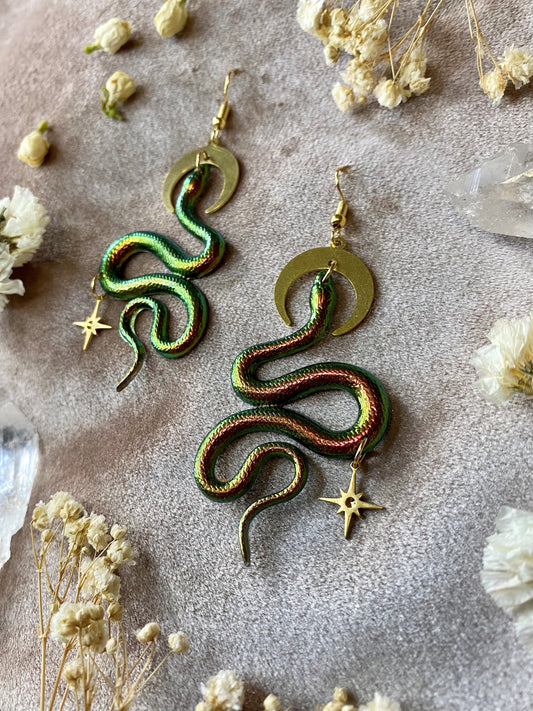 Green and copper snake earrings