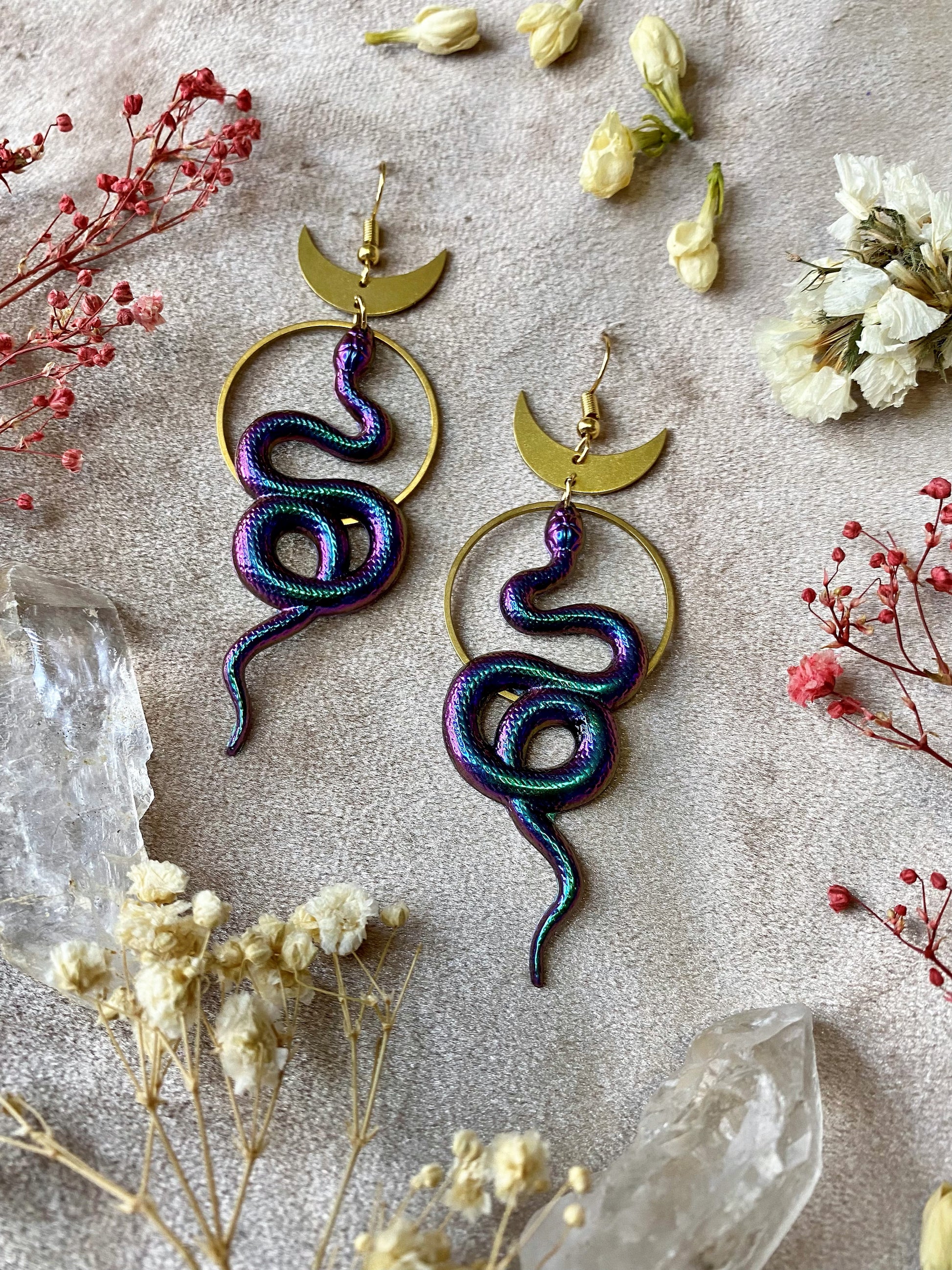 Rainbow snake and moon earrings