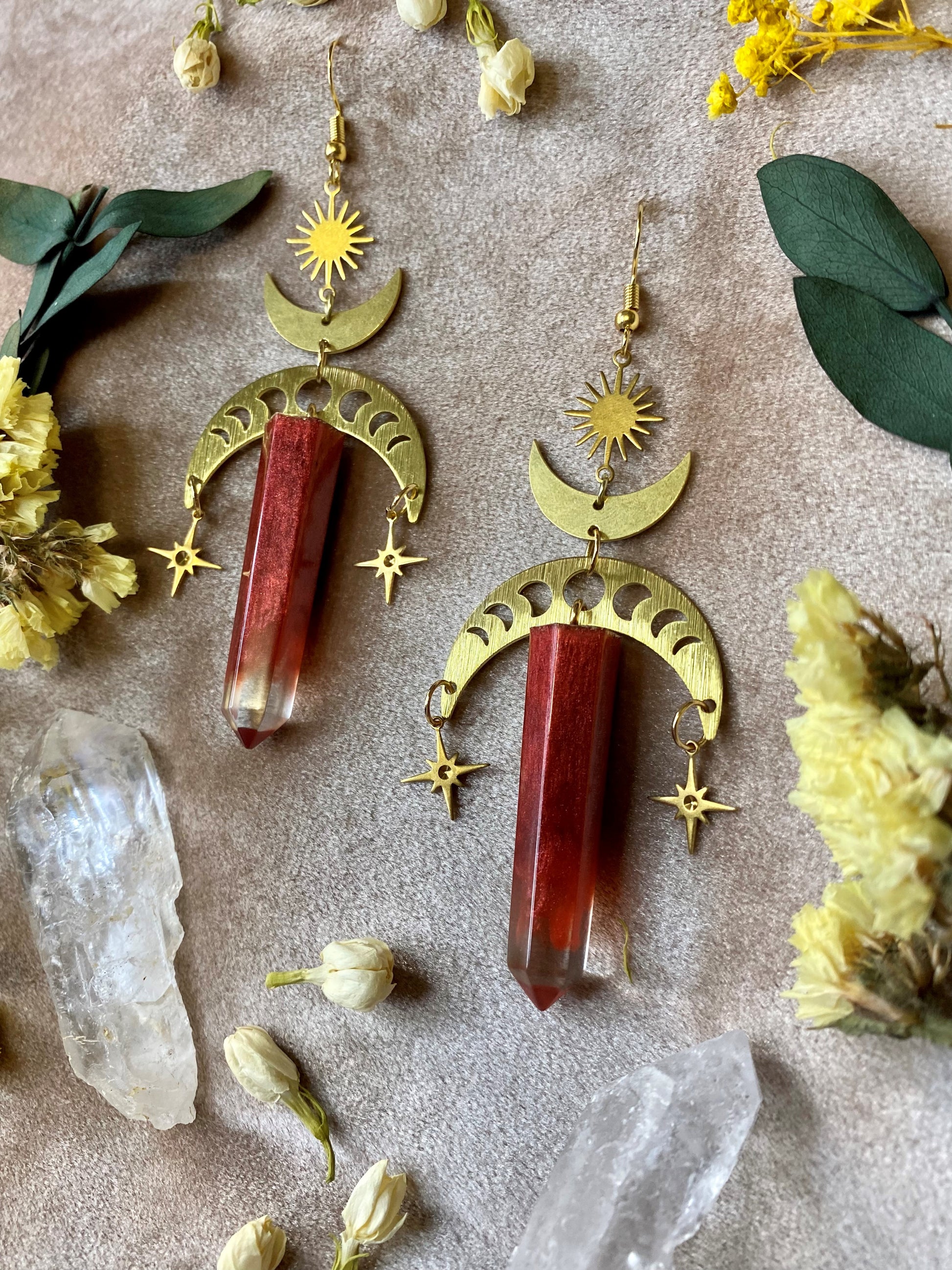 Garnet red resin crystal earrings