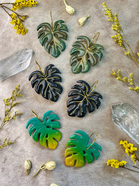 monstera leaf clay hoop earrings