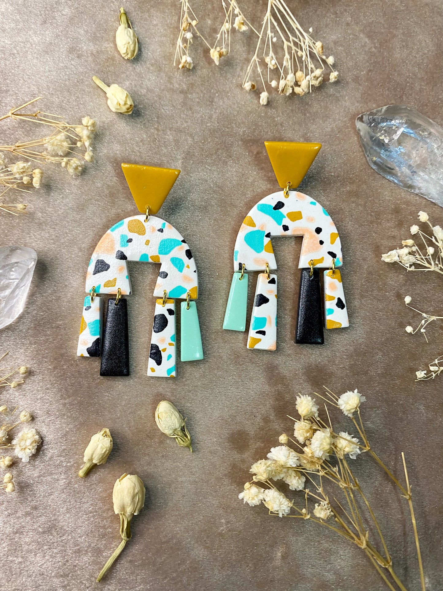 geometric polymer clay terrazzo inspired statement dangle earrings