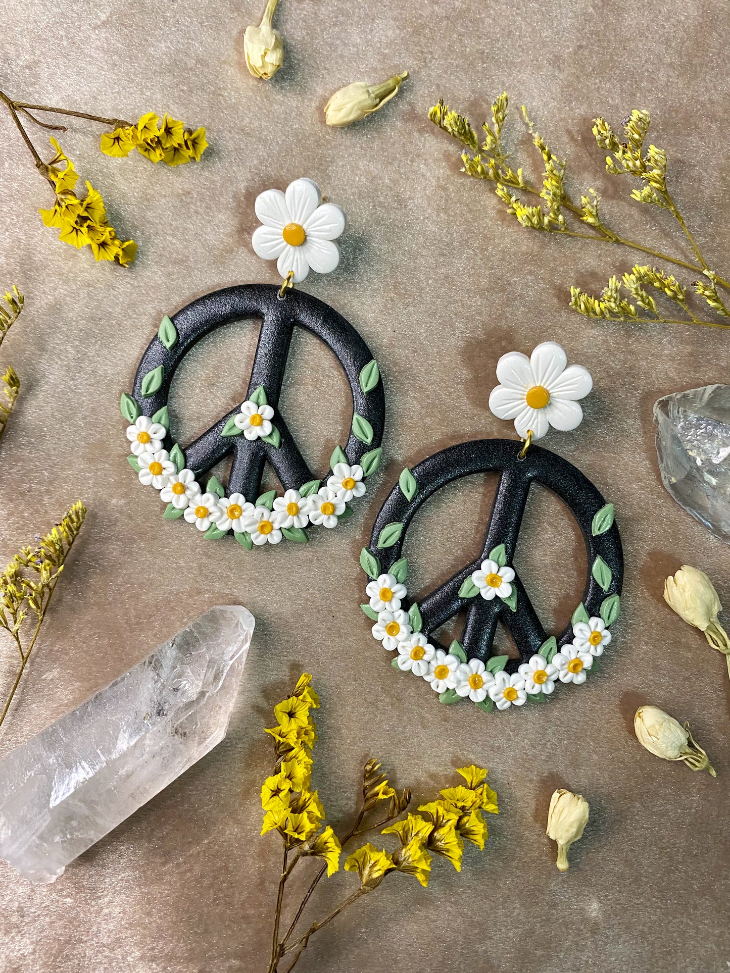 black daisy peace sign polymer clay earrings