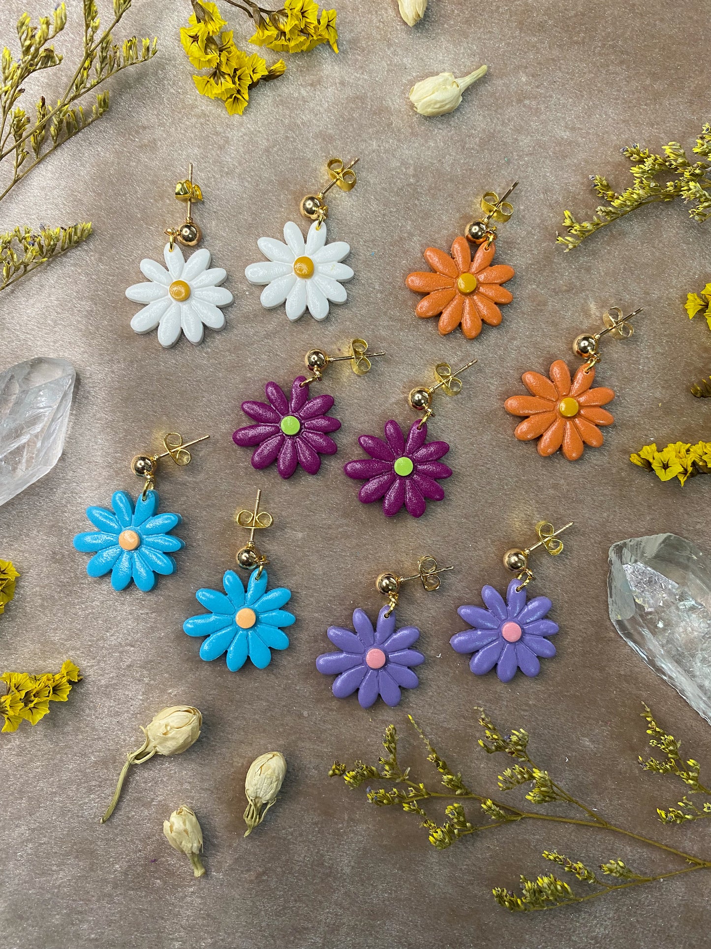 groovy daisy dangle polymer clay earrings