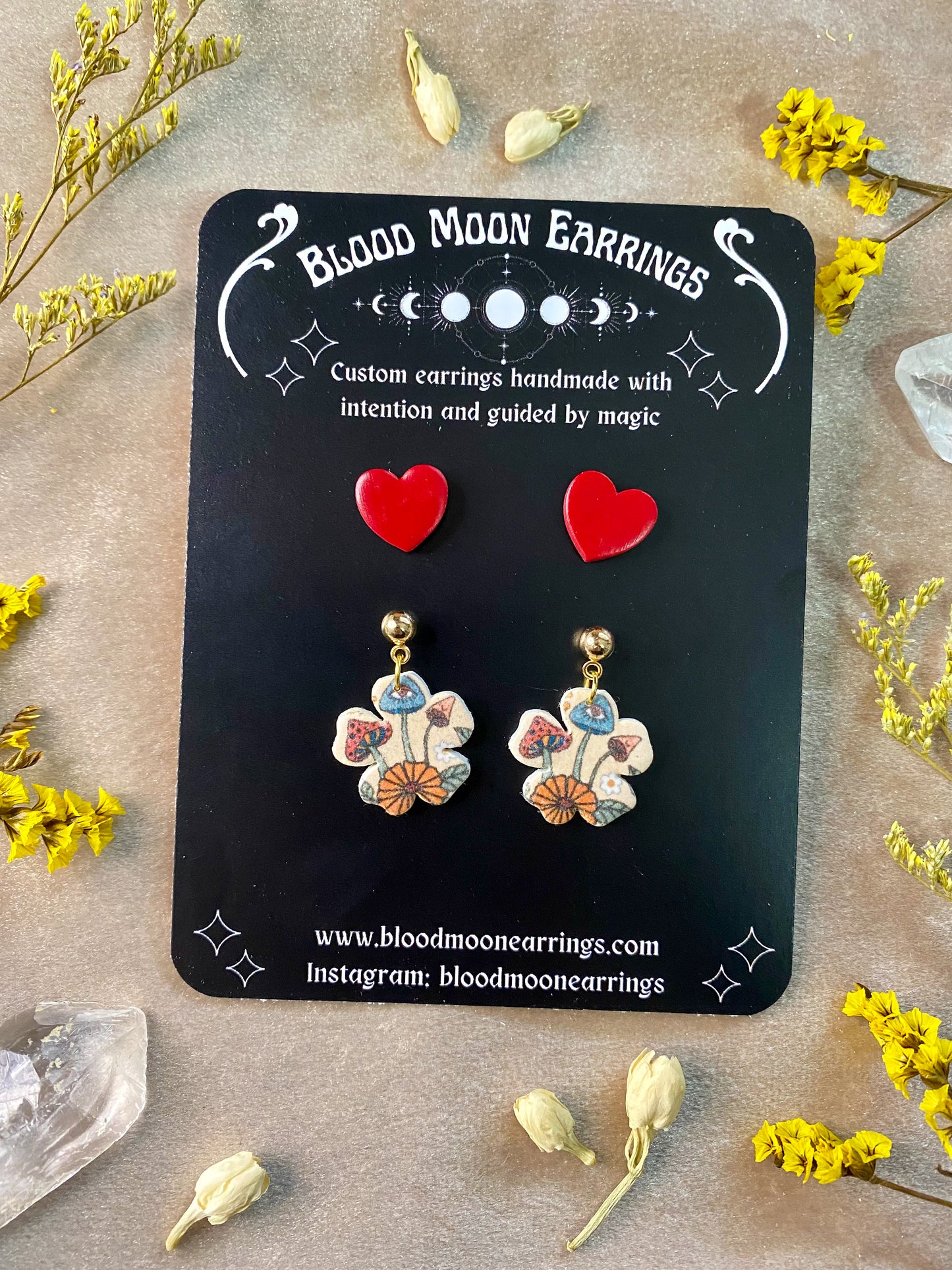 mushroom flower dangle and heart stud polymer clay earrings