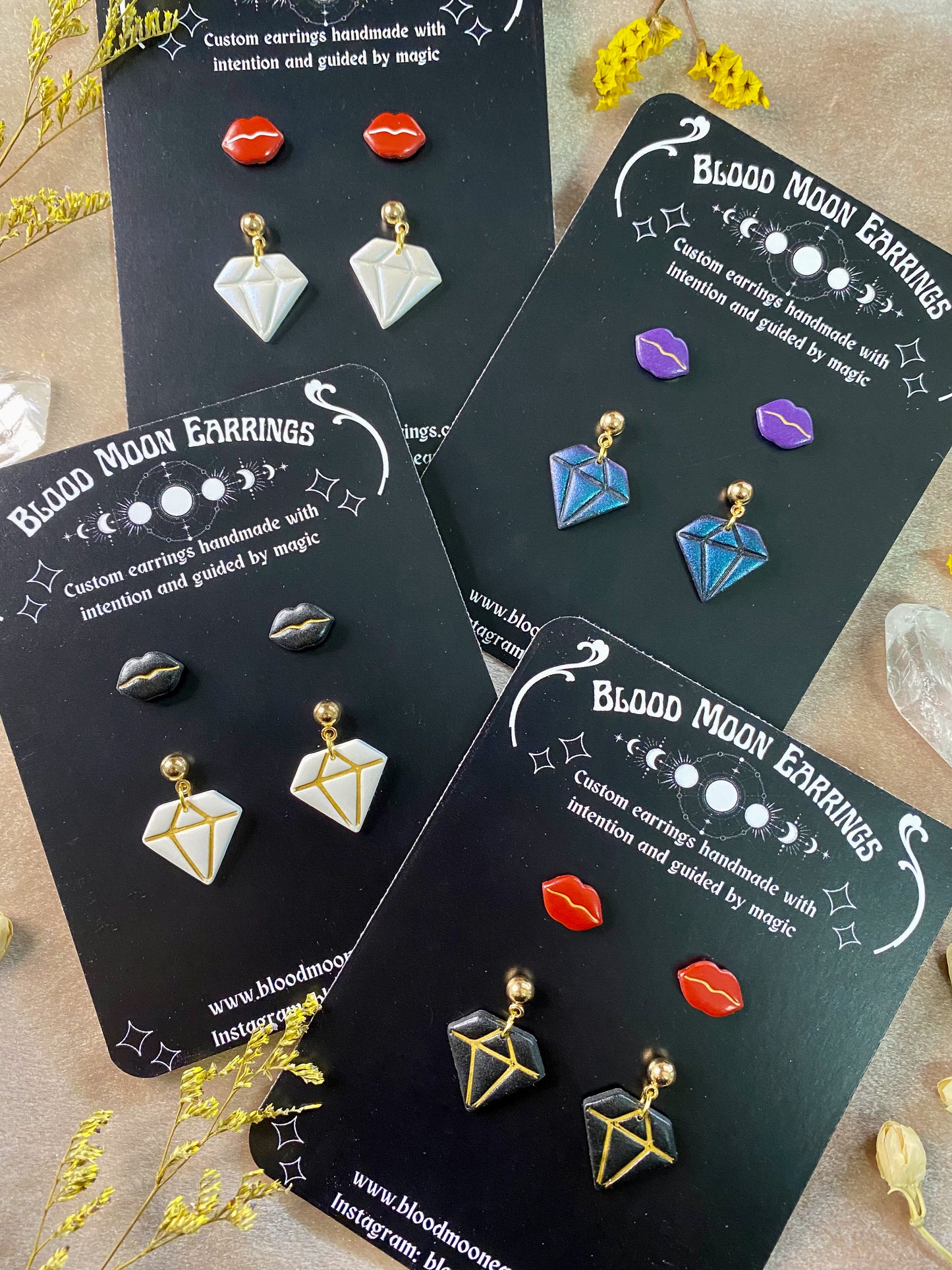 polymer clay diamond dangles and lip stud earring pack