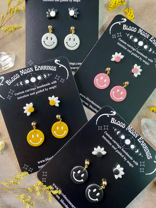 happy face and half daisy polymer clay dangles and stud pack earrings