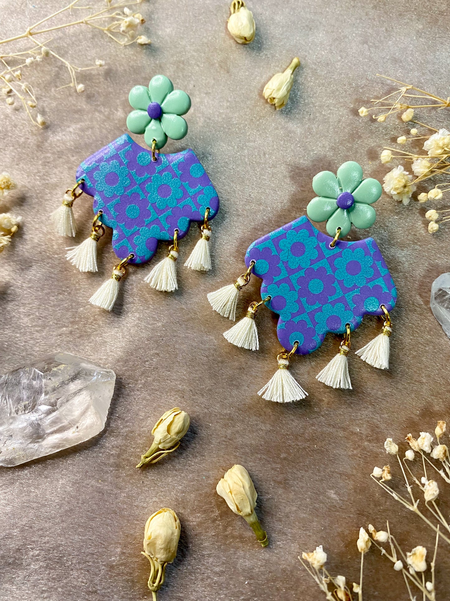 Purple and Teal Checkered Flower Statement Earrings